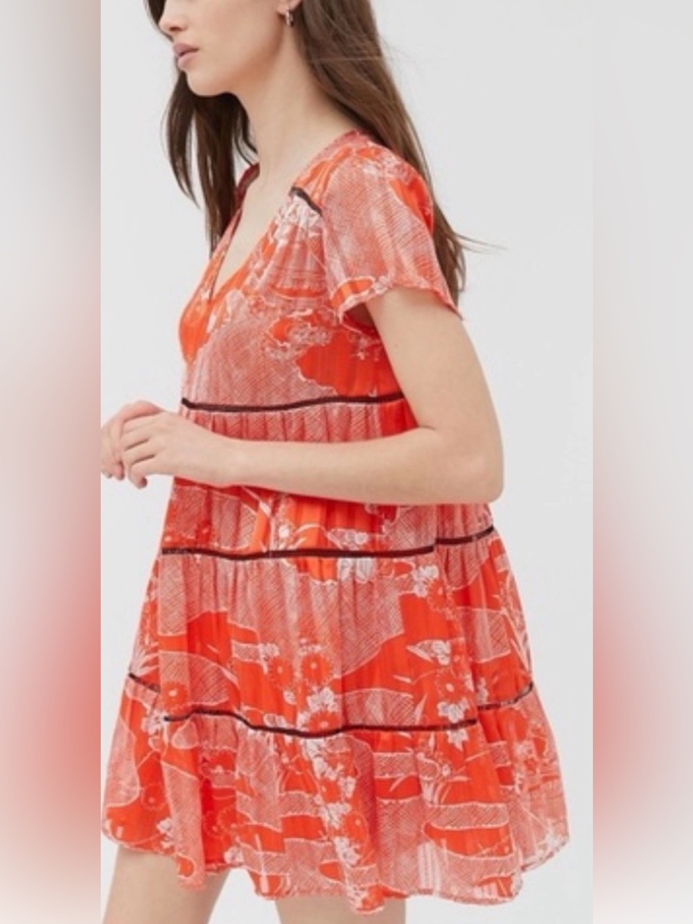 Urban Outfitters Orange Floral Tiered Midi Dress with Black Trim